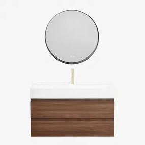 Ona Zwevend Badkamermeubelset Van Hout En Essenfineer Met Geïntegreerde Wastafel Donker Hout & Round Led And Antifog Zwart Ø80 Cm Kimacs - Sklum