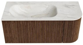 Mondiaz Kurve-dlux 105cm badmeubel ronding rechts walnut met 1 lade en deur en wastafel big small kraangat links ostra