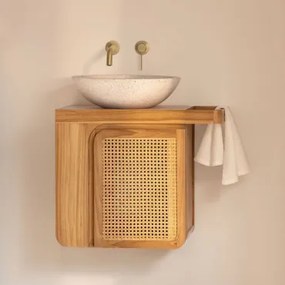 Georgy Zwevend Badkamermeubelset Van Teakhout Teakhout & Rond Cement Wit Ø40 Cm Zavion & Spiegelloze & Orveta Inbouwspoelbak In Geborsteld Goud -