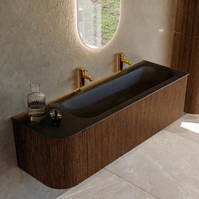 Mondiaz Kurve 145cm badmeubel ronding links walnut met 1 lade en deur en wastafel big large rechts 2 kraangaten urban