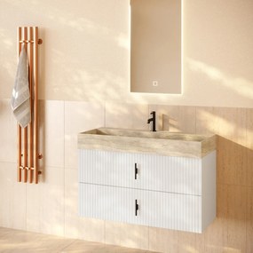Muebles Murcia badmeubel ribbelfront 100cm wit mat met White Travertin wastafel met kraangat