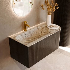 Mondiaz Kurve-dlux 95cm badmeubel ronding rechts shadow met 1 lade en deur en wastafel big small kraangat links glace