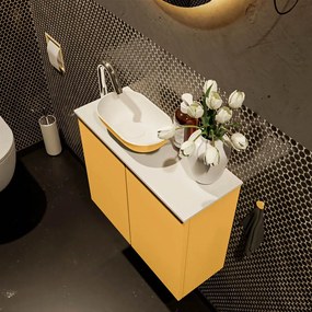 Mondiaz Fowy toiletmeubel 60cm ocher met gele waskom links en kraangat