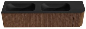 Mondiaz Kurve 175cm badmeubel ronding rechts walnut met 2 lades en 1 deur en wastafel big small dubbel/links 2 kraangaten urban