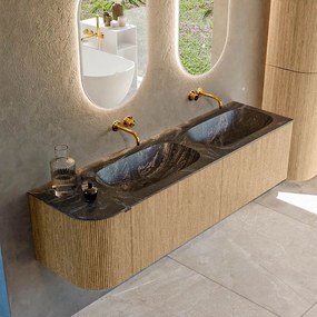 Mondiaz Kurve-dlux 165cm badmeubel ronding links oak met 2 lades en 1 deur en wastafel stor small dubbel/rechts zonder kraangat lava