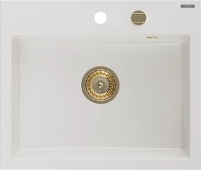 Mexen Oscar granieten gootsteen 1-komers 580 x 490 mm, wit, gouden sifon - 6519581000-20-G