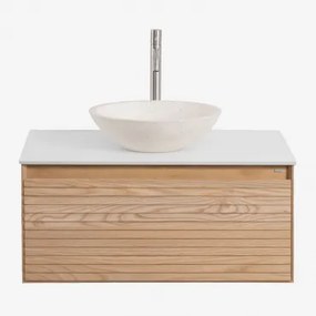 Tedrik Badkamermeubelset In Essenhout Ash Brown & Rond Cement Wit Ø40 Cm Zavion & Spiegelloze & Geborsteld Grijs ↑30 Cm - Sklum