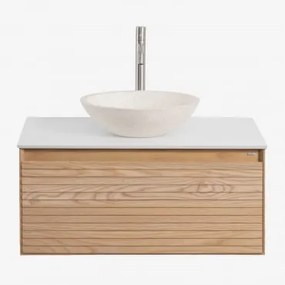 Tedrik Zwevend Badkamermeubelset Van Essenhout Ash Brown & Rond Cement Wit Ø40 Cm Zavion & Spiegelloze & Geborsteld Grijs ↑30 - Sklum