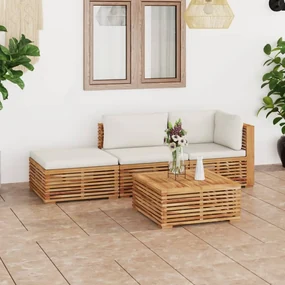 vidaXL 4-delige Loungeset met crèmekleurige kussens massief teakhout