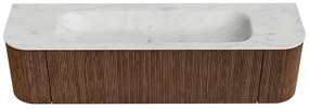 Mondiaz Kurve-dlux 170cm badmeubel ronding links/rechts walnut met 1 lade en 2 deuren en wastafel big large midden 1 kraangat opalo