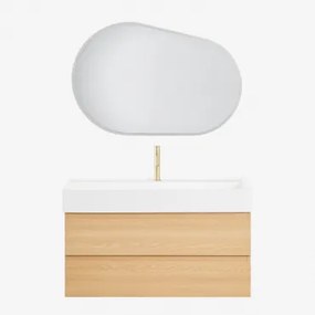 Ona Zwevend Badkamermeubelset Van Hout En Essenfineer Met Geïntegreerde Wastafel Natuurlijk Hout & Ovaal Led En Anticondens 100x80 Cm - Sklum
