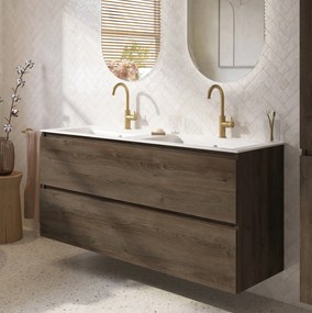 Saqu Terra badmeubel incl. dubbele glans witte keramische wastafel 141x51x66cm sepia eiken