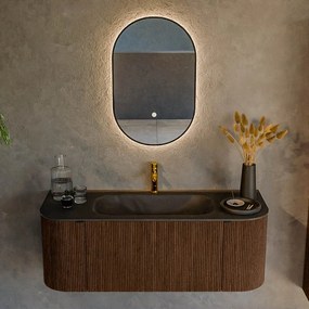 Mondiaz Kurve 120cm badmeubel ronding links/rechts walnut met 1 lade en 2 deuren en wastafel big small midden 1 kraangat urban