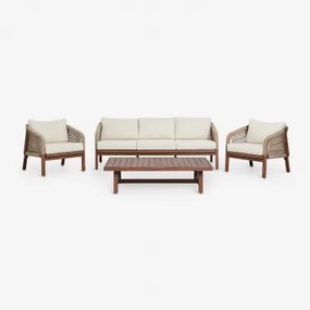 Woonkamerset Met 3-zitsbank, 2 Fauteuils En Salontafel Van Acaciahout Dubai Donker Acaciabruin & Stof Gardenia Wit - Sklum