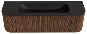 Mondiaz Kurve 150cm badmeubel ronding links/rechts walnut met 1 lade en 2 deuren en wastafel big medium midden zonder kraangat urban
