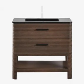 Badmeubelset 90x50 Cm Van Hout Met Geïntegreerde Wastafel Misene Donker Hout & Spiegelloze & Wit ↑20 Cm Met Overloop Aftapventiel Orveta - Sklum