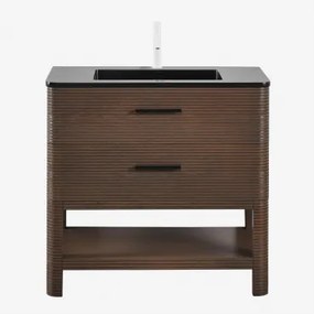 Badmeubelset 90x50 Cm Van Hout Met Geïntegreerde Wastafel Misene Spiegelloze & Wit ↑20 Cm Met Overloop Aftapventiel Orveta & Donker Hout - Sklum