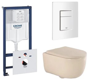 QeramiQ Dely Swirl Toiletset - 36.5x53cm - Grohe Rapid inbouwreservoir - slim zitting - witte bedieningsplaat - rechthoekige knoppen - beige 0720003/0729205/SW1000770/SW1026259