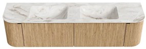 Mondiaz Kurve-dlux 180cm badmeubel ronding links/rechts oak met 2 lades en deuren en wastafel leaf dubbel zonder kraangat frappe