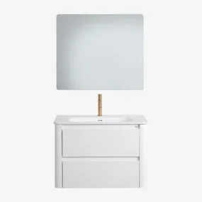 Badkamermeubelset In Hout Met Geïntegreerde Wastafel Egerton Wit & Rechthoekige Led En Anticondens 80x70 Cm Gualar & Goud ↑20 - Sklum
