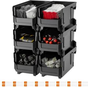 VEVOR stapeldozen, 377 x 215 x 180 mm (6-pack), opbergdozen, opbergdozen met open voorkant, voor het organiseren en opbergen van kleine onderdelen, kantoorbenodigdheden en andere accessoires, zwart