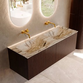 Mondiaz Kurve-dlux 130cm badmeubel ruby met 2 lades en wastafel leaf dubbel zonder kraangat glace