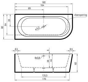 Xenz Charley half vrijstaand bad acryl 180x80x60cm links wit mat/zwart mat met waste wit mat