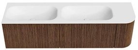 Mondiaz Kurve 165cm badmeubel ronding rechts walnut met 2 lades en 1 deur en wastafel big small dubbel/links 2 kraangaten