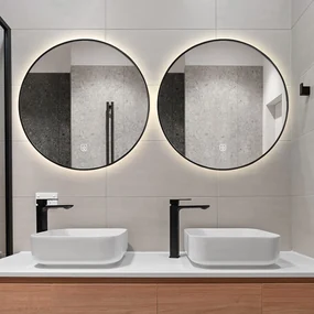 Set van 2 Saniclear Circle Black ronde spiegel met LED verlichting 80cm incl. spiegelverwarming mat zwart