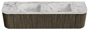 Mondiaz Kurve-dlux 180cm badmeubel ronding links/rechts shadow met 2 lades en deuren en wastafel leaf dubbel 2 kraangaten glace