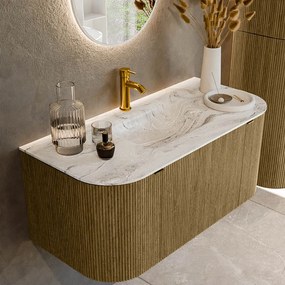 Mondiaz Kurve-dlux 100cm badmeubel ronding links/rechts dusk met 1 lade en 2 deuren en wastafel grunne midden 1 kraangat glace