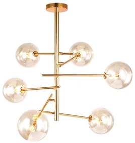 Glazen Design Hanglamp, 6 Amber Bollen, G4 Fitting, 75x80cm