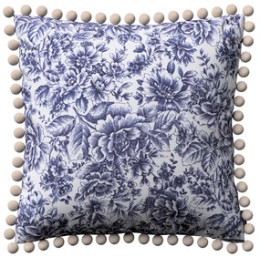 Dekoria Kussenhoes Wera met pompons, wit-blauw 45 x 45 cm