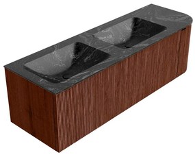 Mondiaz Kurve-dlux 145cm badmeubel ronding rechts ruby met 1 lade en deur en wastafel leaf dubbel/links 2 kraangaten lava