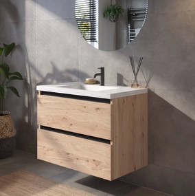 Saqu Gaia badmeubel incl. glans witte wastafel 80x52x64cm naturel eiken – zwarte greeplijst