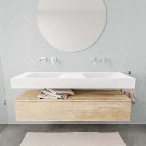 Zaro ALAN vrijhangende wastafel 150cm met wasbak dubbel en onderkast in kleur washed oak 2 lade(s)