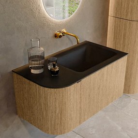 Mondiaz Kurve 85cm badmeubel ronding links oak met 1 lade en deur en wastafel cloud rechts zonder kraangat urban