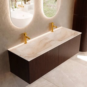 Mondiaz Kurve-dlux 130cm badmeubel ruby met 2 lades en wastafel leaf dubbel 2 kraangaten frappe