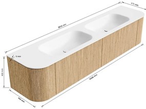 Mondiaz Kurve 200cm badmeubel ronding links/rechts walnut met 2 lades en deuren en wastafel big small dubbel zonder kraangat urban