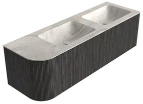 Mondiaz Kurve-dlux 145cm badmeubel ronding links shadow met 1 lade en deur en wastafel leaf dubbel/rechts zonder kraangat ostra