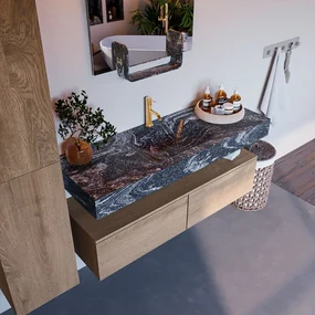 Mondiaz Alan DLux badmeubel 130cm washed oak 2 lades met wastafel lava midden 1 kraangat