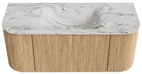 Mondiaz Kurve-dlux 110cm badmeubel ronding links/rechts oak met 1 lade en 2 deuren en wastafel cloud midden zonder kraangat glace