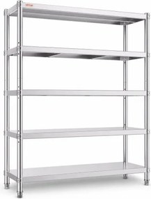 VEVOR Keukenrek, 5 lagen, vrijstaand rek tot 750 kg (150 kg per schap), roestvrijstalen horecarek met verstelbare poten en schappen, robuust rek voor magazijn, garage, werkplaats, 1200 x 455 x 1830 mm