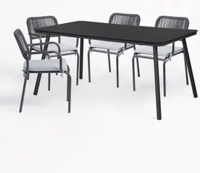 Rechthoekige Eettafelset 160x90 Cm Met 4 Stapelbare Eetkamerstoelen Van Gevlochten Touw Arhiza Grijs – Grafiet - Sklum