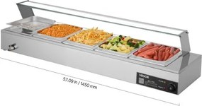 VEVOR Commerciële Voedselwarmer met Glazen Deksel en 5 Containers (1/2 Formaat) 1,5 kW Buffet Warmer Roestvrij Staal, Buffet Containers Buffet Waterbad Voedselwarmer Station voor Restaurants Feesten Buffetten