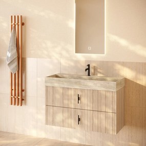 Muebles Murcia badmeubel ribbelfront 100cm naturel eiken met White Travertin wastafel met kraangat