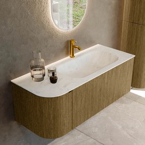 Mondiaz Kurve-dlux 115cm badmeubel ronding links dusk met 1 lade en deur en wastafel big small kraangat rechts opalo