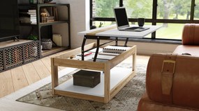 LUSSO Wit Mat/Wotan Eik - MODERNE SALONTAFEL MET VERHOOGD BLAD + OPBERGRUIMTE + SCHAP (OP WIELEN!)