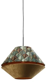 Hanglamp zwart met dubbele velours lampenkap blad dessin en beige - Combi 1 Klassiek / Antiek, Modern E27 rond Binnenverlichting Lamp
