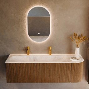Mondiaz Kurve-dlux 145cm badmeubel ronding rechts dusk met 1 lade en deur en wastafel big large links 2 kraangaten frappe